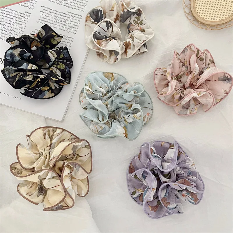 New Korean Advanced Sense Chiffon Flower Edge Sealing Elastic Hair Scrunchies Fold Cloth Art For Sweet Girls Hair Accessories