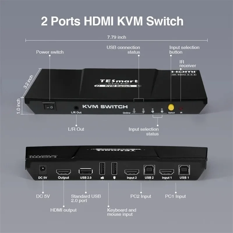 TESmart Slim Remote HDMI 2 Port 2 in 1 Out 4K 60Hz USB Switcher HDMI KVM Switches