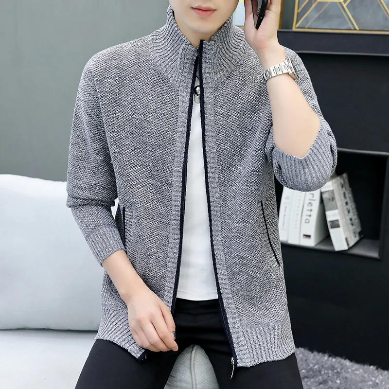 Men\'s Winter Knitted Sweater Pullover Print Korean Fashion Clothes Knitwears Clothing Standing Collar Cardigan Jacket