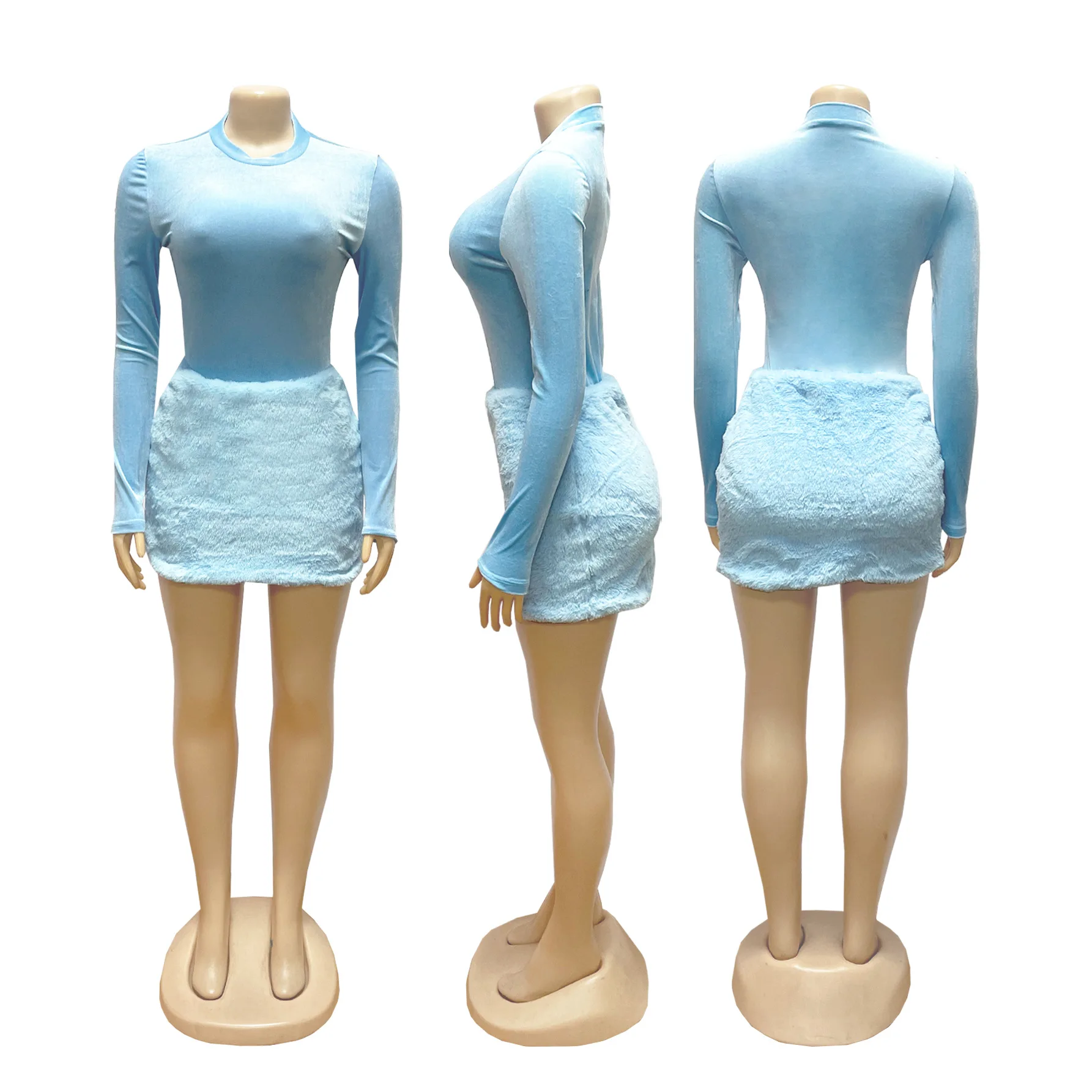 Ensemble 2 pièces en velours pour femmes, body à manches longues + Mini jupes en fausse fourrure, costumes décontractés à la mode, Clubwear d'automne et d'hiver 2025