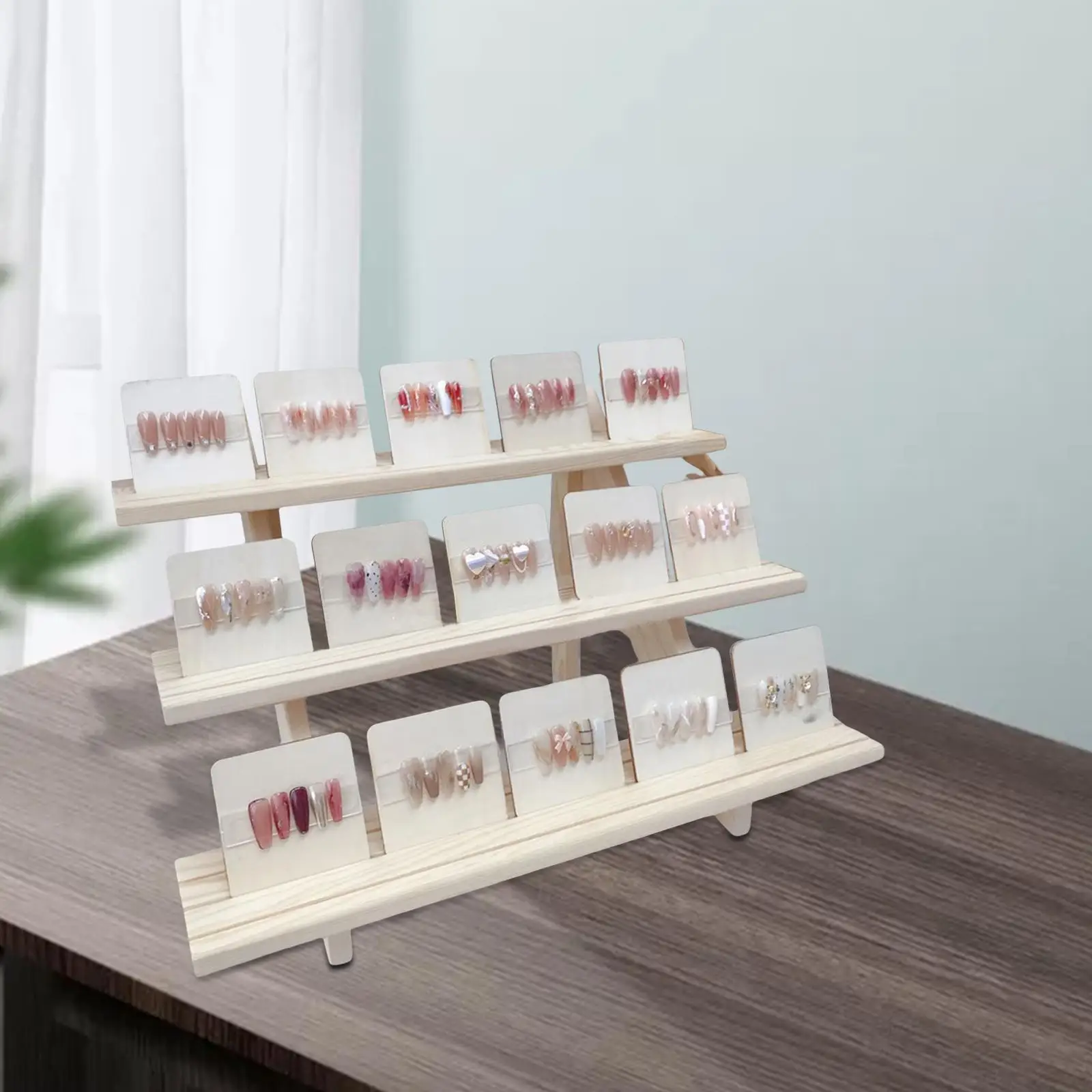 Wooden Nail Art Display Shelf 3 Tiers Ladder Stand Solid Wood Manicure Holder Organizer for Nail Supplies Perfume Cupcake