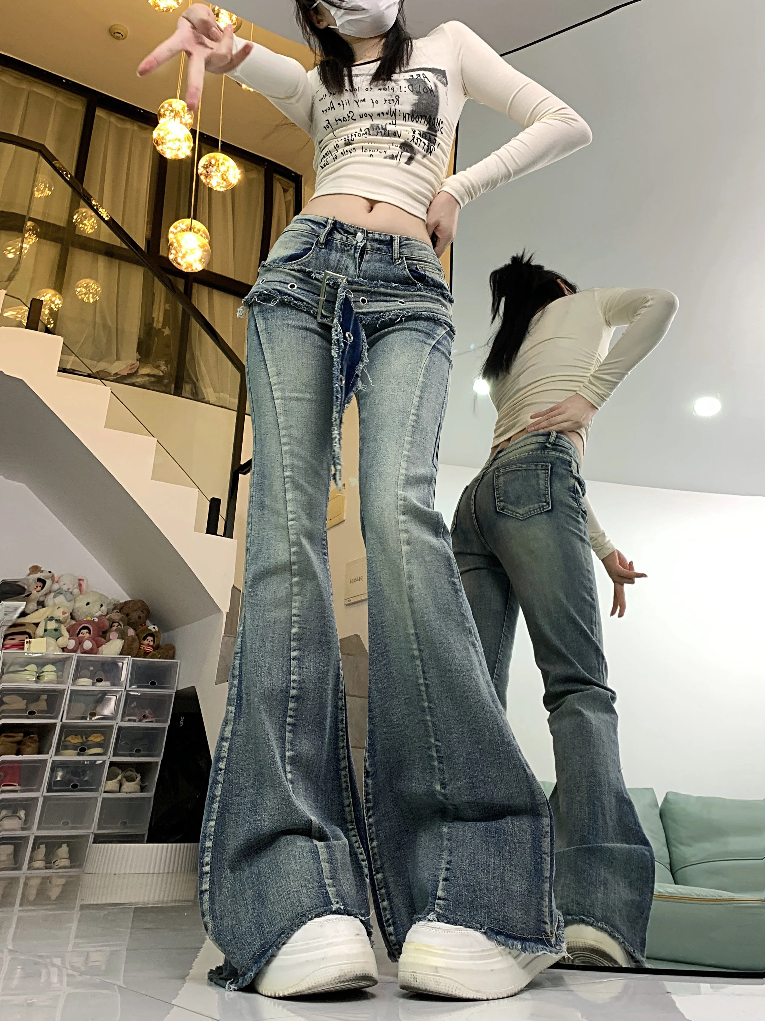 2024 Spring Simple Bell-bottomed Pants American Street New Woman Trousers Trendy Vintage High Waist Jeans for Women