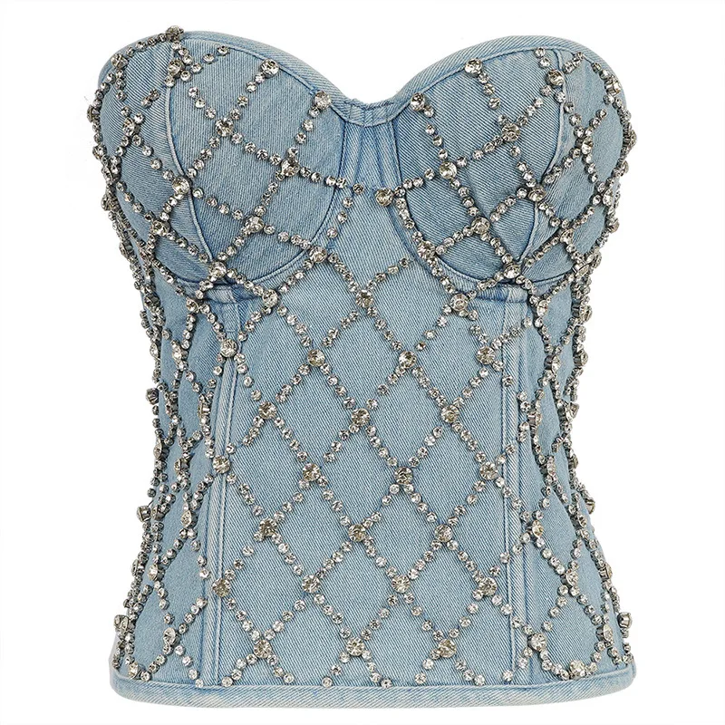 

Luxury Denim Vest Women Diamond Beaded Denim Bra Strapless Jean Vest Lace Shaping Performance Underwear Zipper Top women