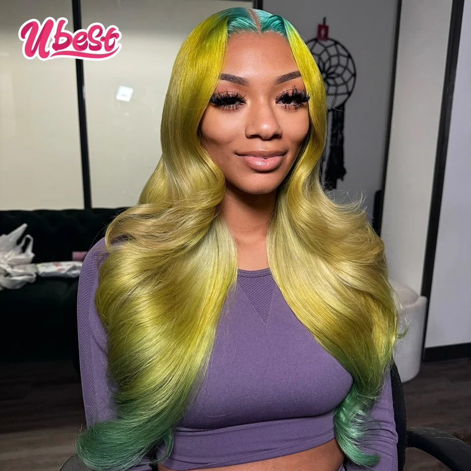 

Ubest Ombre Yellow Green Colored Body Wave 13x6 Lace Front Wigs Brazilian 10A Human Hair Transparent Wigs Pre Plucked For Women