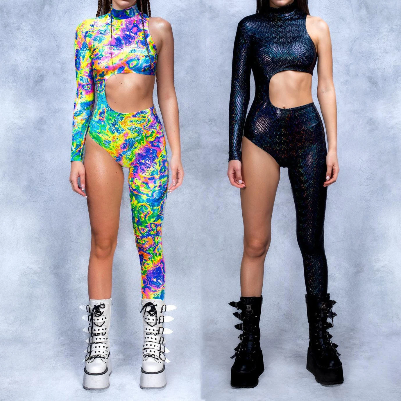 Asymmetrischer Urlaubs-Bodysuit-Kostüm, bunter Regenbogen-Overall, Damen, Cyberpunk, Cosplay, Halloween, Party, Performance, Strumpfhosen-Anzug