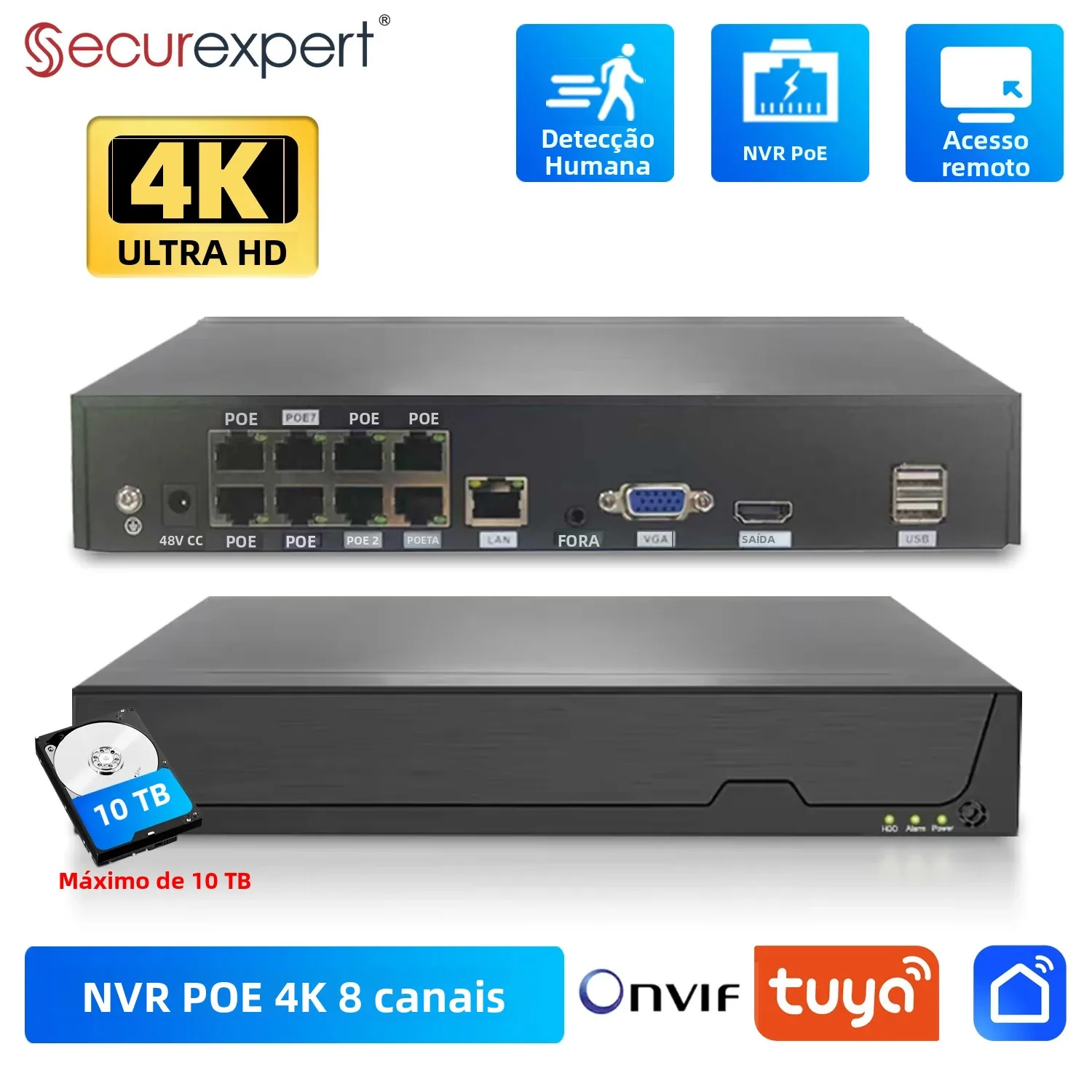 Securexpert tuya inteligente onvif 8ch 4k h.265 gravador de vigilância de vídeo nvr gravador de detecção de movimento para câmera ip poe sistema cctv