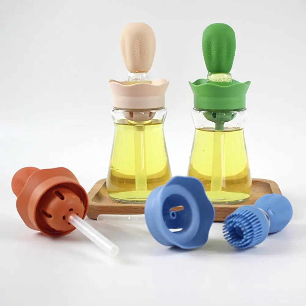 200ML 2 in 1 Glass Oil Bottle with Silicone Brush Clear Control Soft Bristles Creative Cactus Olive Oil Dispenser for Kitchen