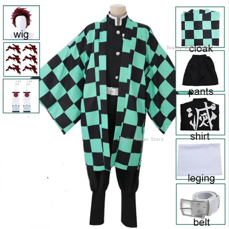 

In Stock Kamado Tanjirou Cosplay Costume Wig Earring Tattoo Stickers Shoes Anime Halloween Party Outfits for Men