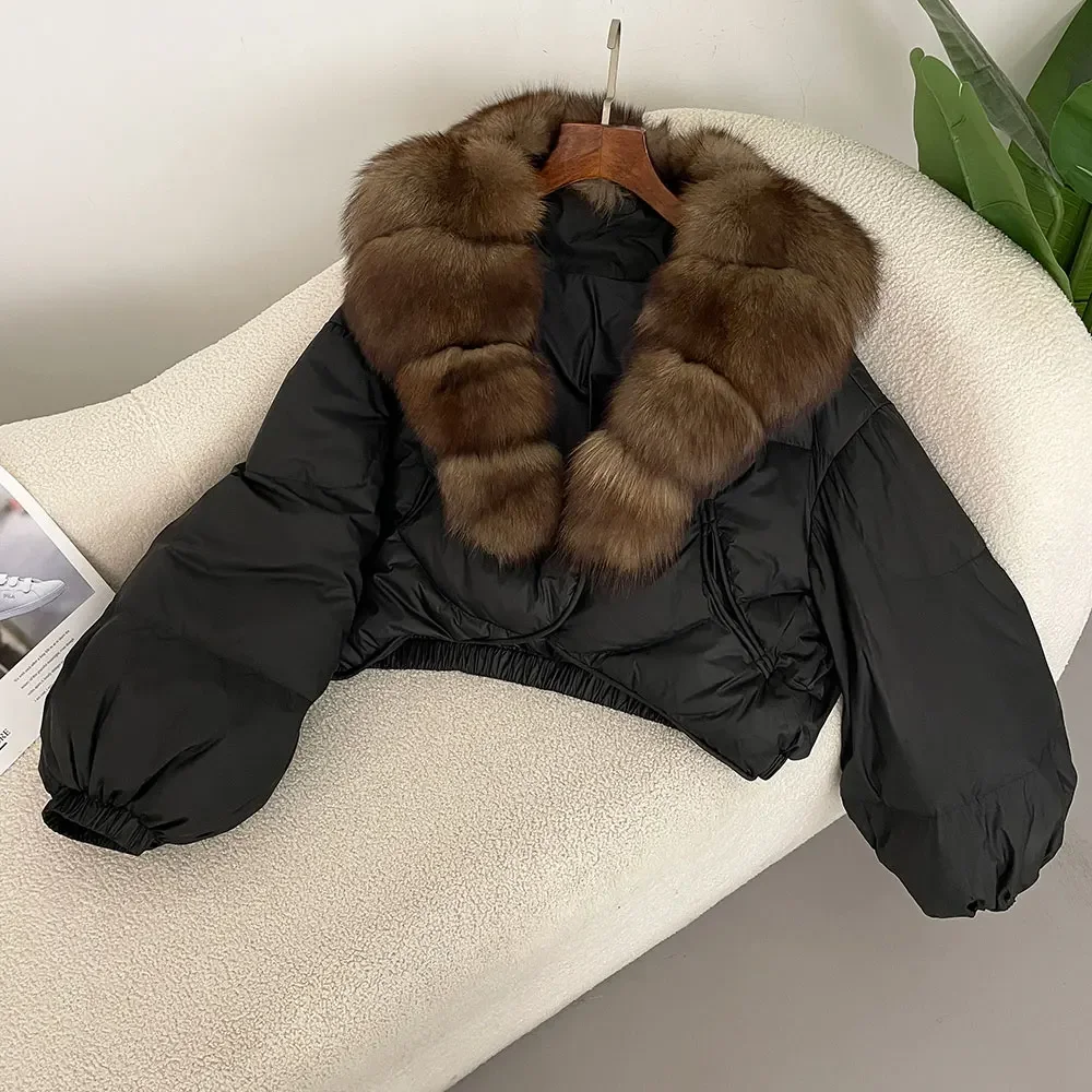 

Luxurious Winter Jacket Women Real Fox Raccoon Fur Collar Natural Thick Warm Duck Down Coat Short Outerwear Streetwear Loose