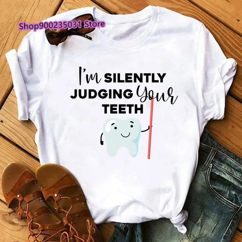 Aesthetic tshirt Tooth and Dentist Print Women T Shirt Hip Hop O-Neck TShirt Short Sleeve Streetwear Funny Korean Top tee 2022