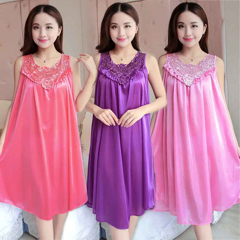 Ladies Ice Silk Nightgowns Sleeping Dress Medium Length Short Sleeve Nightdress Sexy Sleepwear Home Wear Loungewear Pyjama Femme