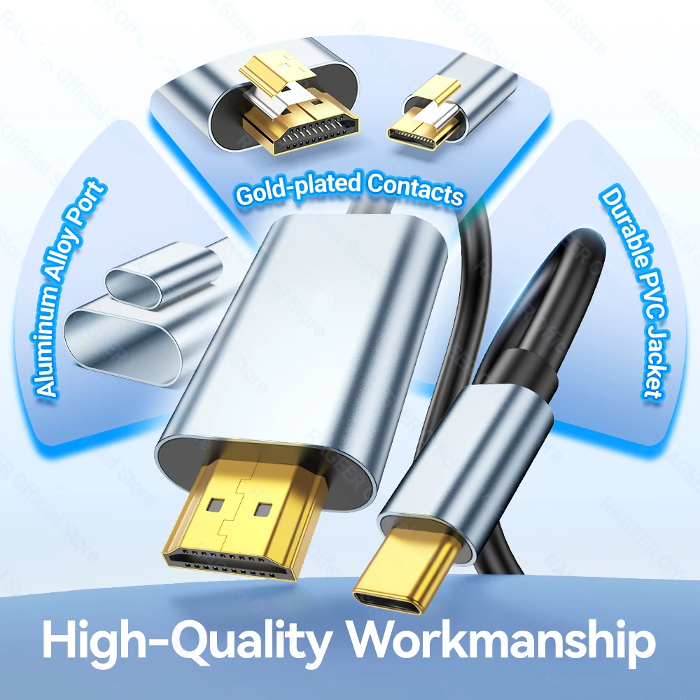 RAGEER 4K@60Hz/4K@30H 타입-C to HDMI 비디오 케이블 단방향 타입-C to HDMI 케이블 다중 기기용 금도금 커넥터