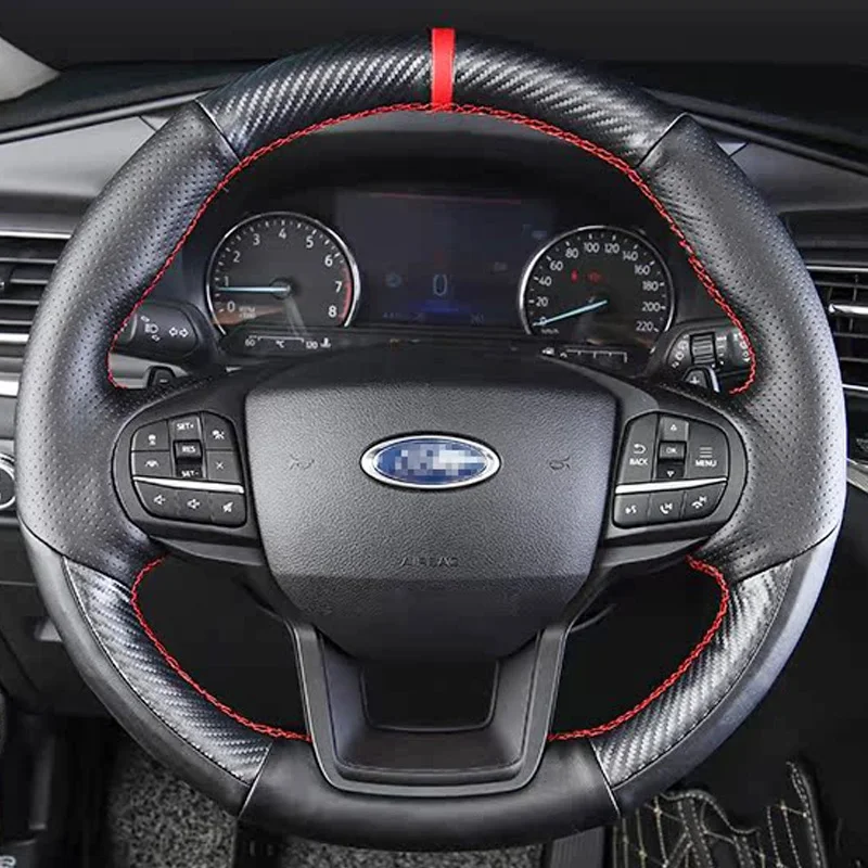For Ford Explorer 2020 2021 2022 2023 Hand-stitched Black Leather Car Steering Wheel Cover Braid Non-slip Interior Accessories