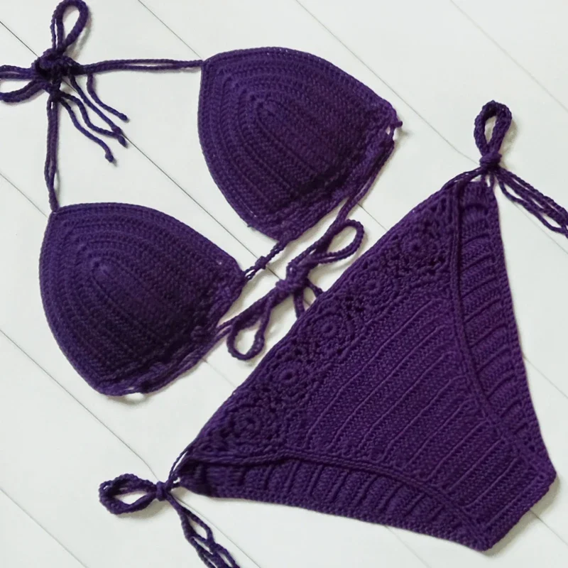 Bikinis rojos de algodón para mujer, conjunto de Bikini Sexy de ganchillo, sujetador acolchado liso verde, traje de baño para tomar el sol, traje de baño triangular con cuello Halter para playa