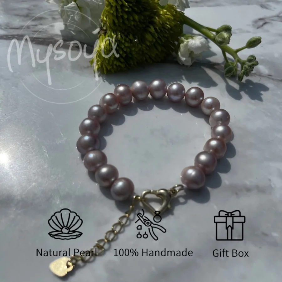 

Mysoya Purple Freshwater Pearl Bracelet 9-10mm with Gift Box for Him Her, Ideal for Weddings, Birthdays, and Valentine's Day