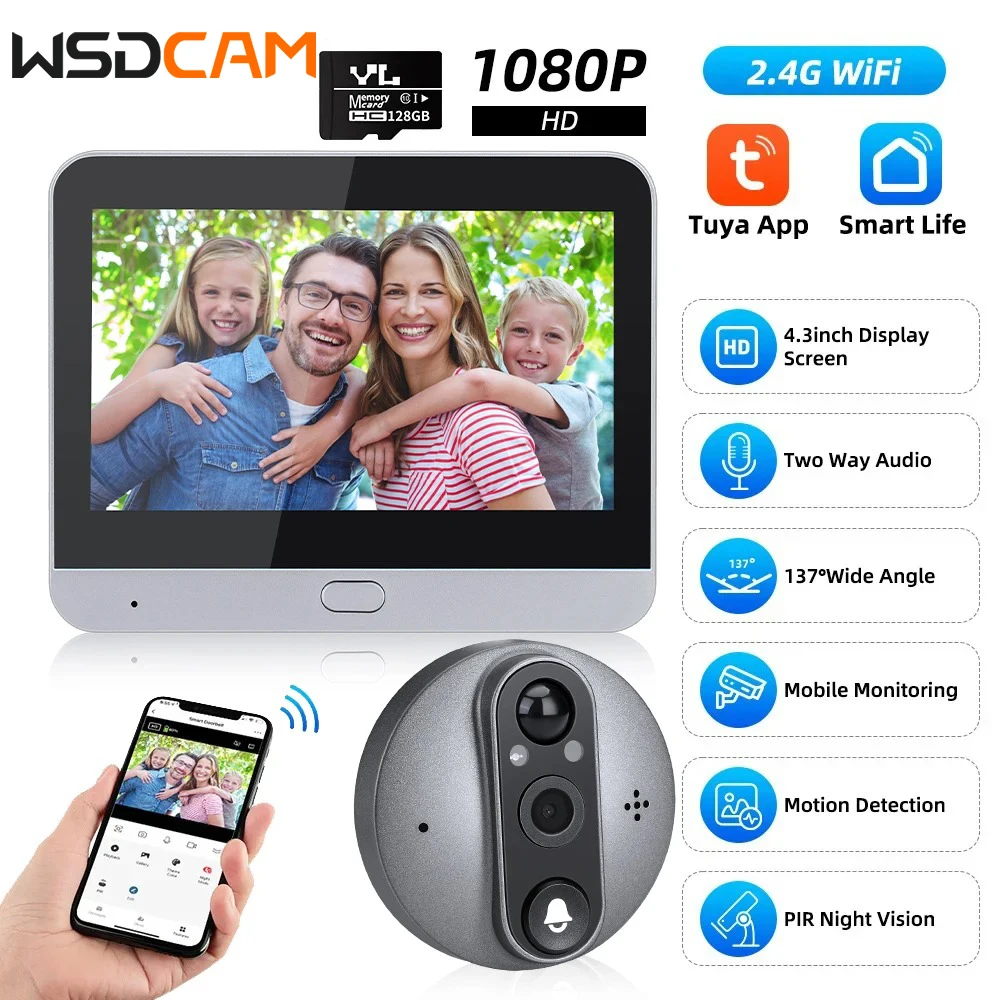 Wsdcam-LCD Peephole Camera, Wi-Fi, 4,3 ", visão noturna, campainha, gravação PIR inteligente, 137 ° Wide Angle, Peephole Doorbell