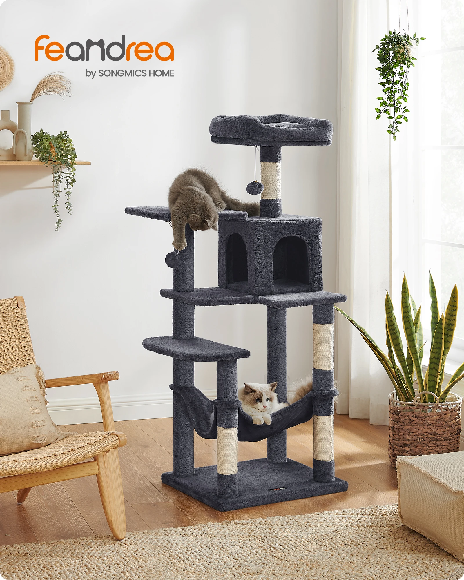 Feandrea-árbol para gatos de 143 cm, torre para gatos de interior, condominio para gatos con 4 postes para rascar, 2 perchas, pompones, gris ahumado