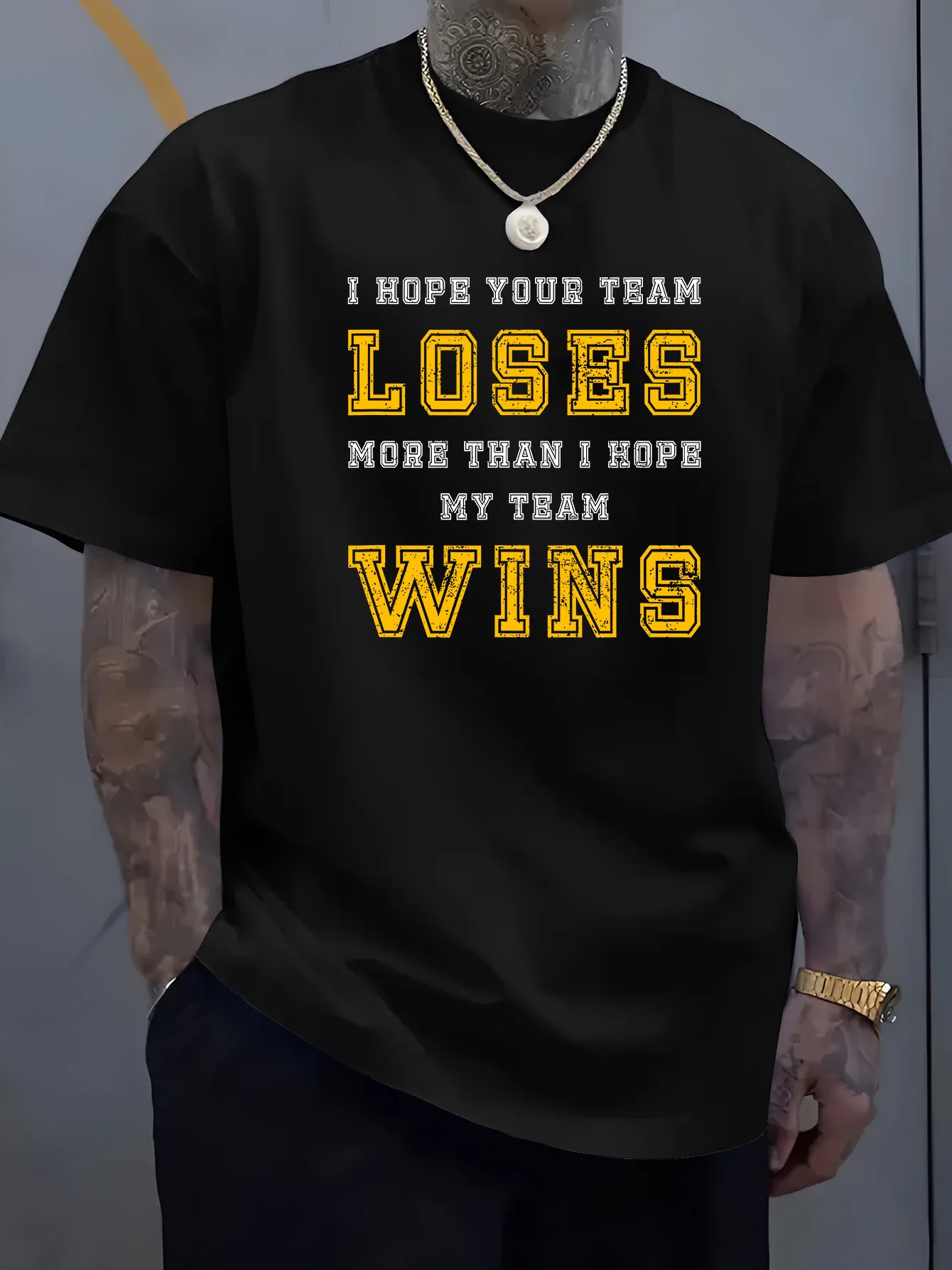 Male Black Round Neck T Shirt Vintage Sport Rivalry Slogan Bold Yellow Loses Wins Letter Funny Competitive Fan Light Cotton Tees