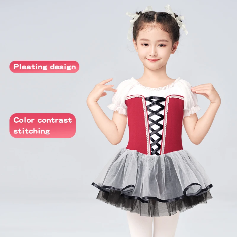 Girls Ballet Tutu Contrast Color Dress Puff Short Sleeve Leotards Toddlers Korean Gymnastics Ballet Dance Fluffy Dress Costumes