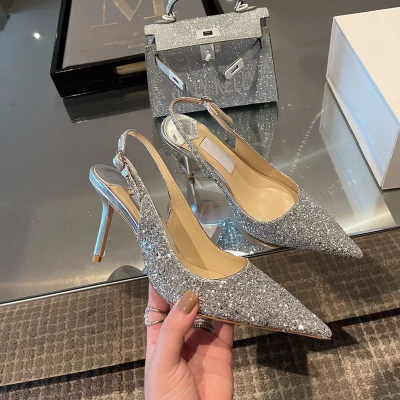 

Женские босоножки с блестками, туфли на шпильке и среднем каблуке, с острым носком, для подружки невесты, осень 2024