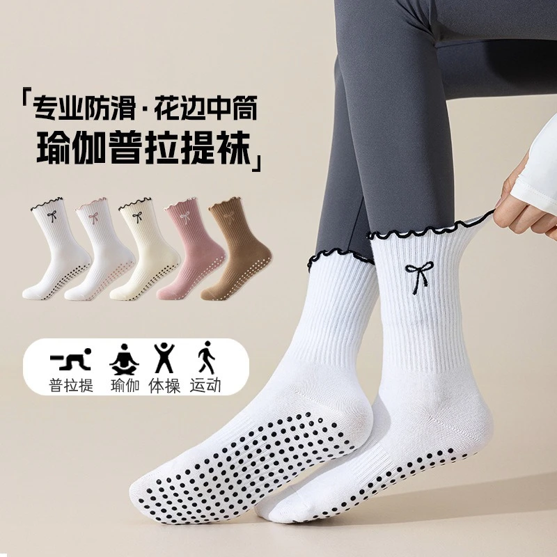 Women's Yoga Socks, Mid Tube Socks, Professional Sports Anti Slip Pilates Lace Bow Embroidery Fitness Floor Socks, Retro Style