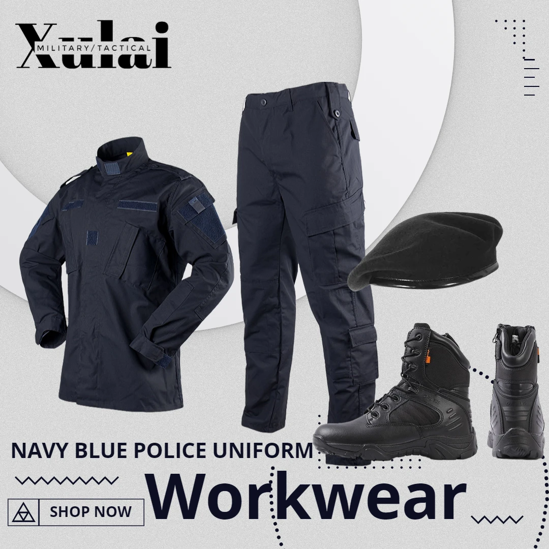 Workwear Army Combat Uniform Blouse Jacket Cargo Velcro Badge Beret Pants Navy Dark Blue Ribstop Men's Suit With Shoes