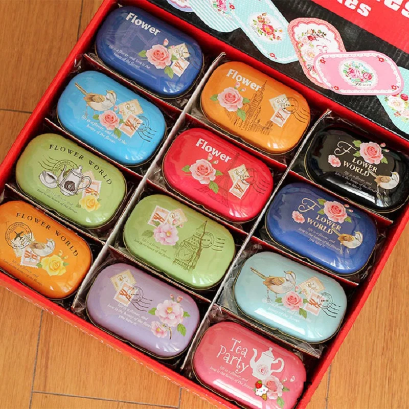 Portable Vintage Flower Pattern Inner Sub-Grid Pill Container Jewelry Storage Tin Box Small Coin Earrings Candy Organizer Case