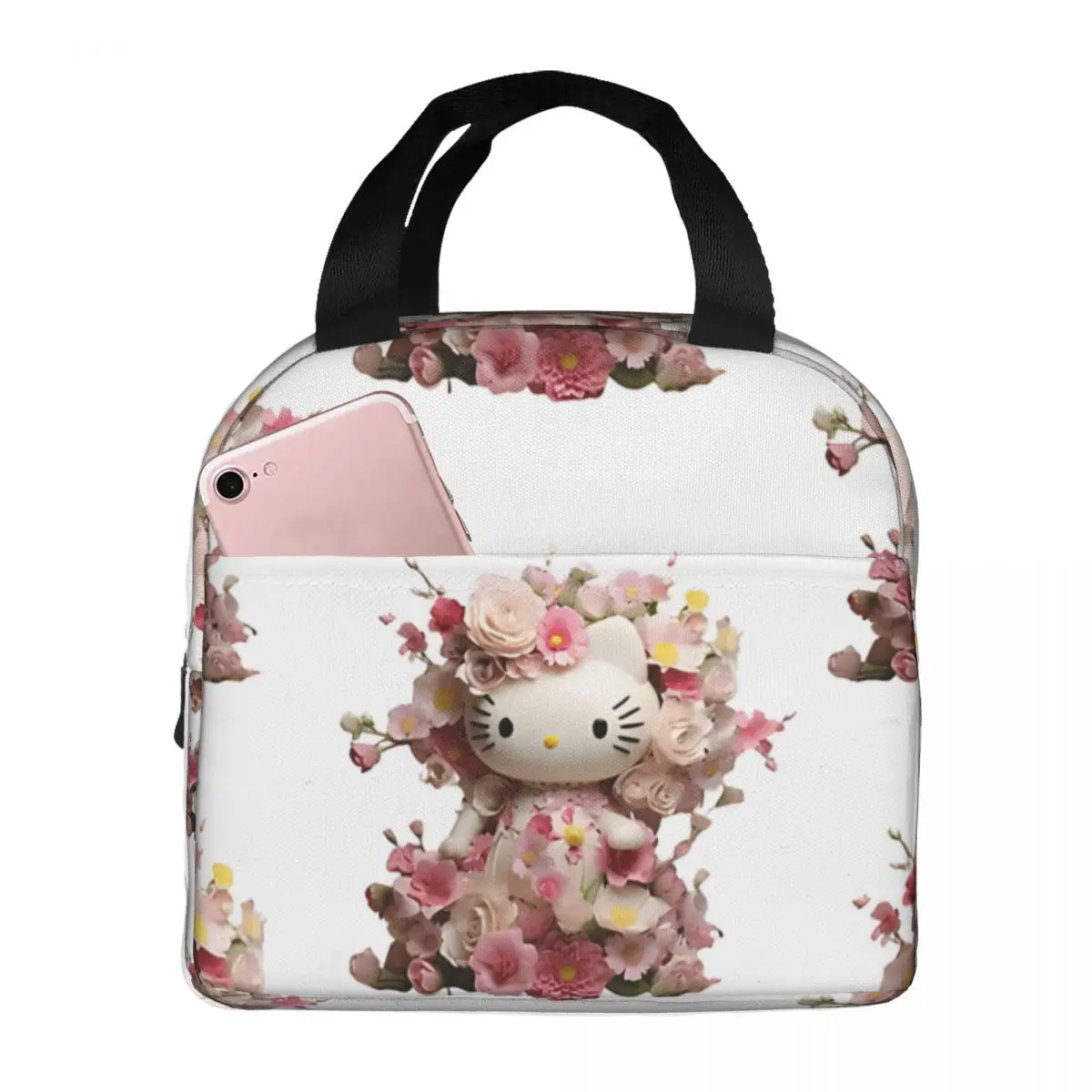 

Hello, Kitten, Flowers Storage Bag Sanrio Students Portable For Work Office Lunch Boxes Zipper Closure