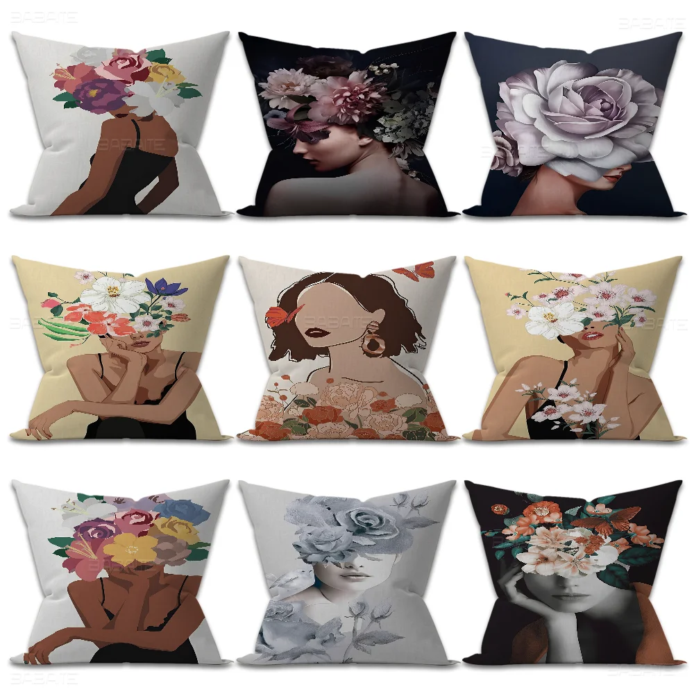 Woman With The Flowe Decorative Room Aesthetics Pillow Case Home Decor Bedroom Sofa Bed Couch Pillow Cover 45x45