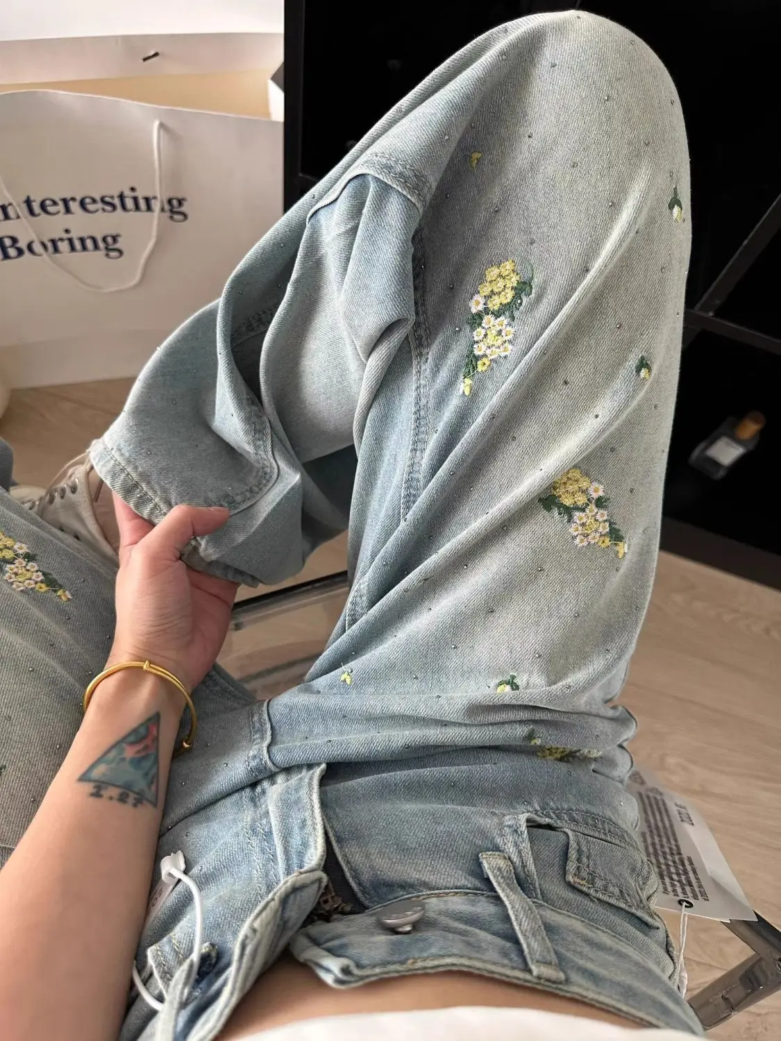 Jeans ragazze fiore ricamo stile cinese 2024 primavera estate Jeans Slouchy Vintage tutto-fiammifero