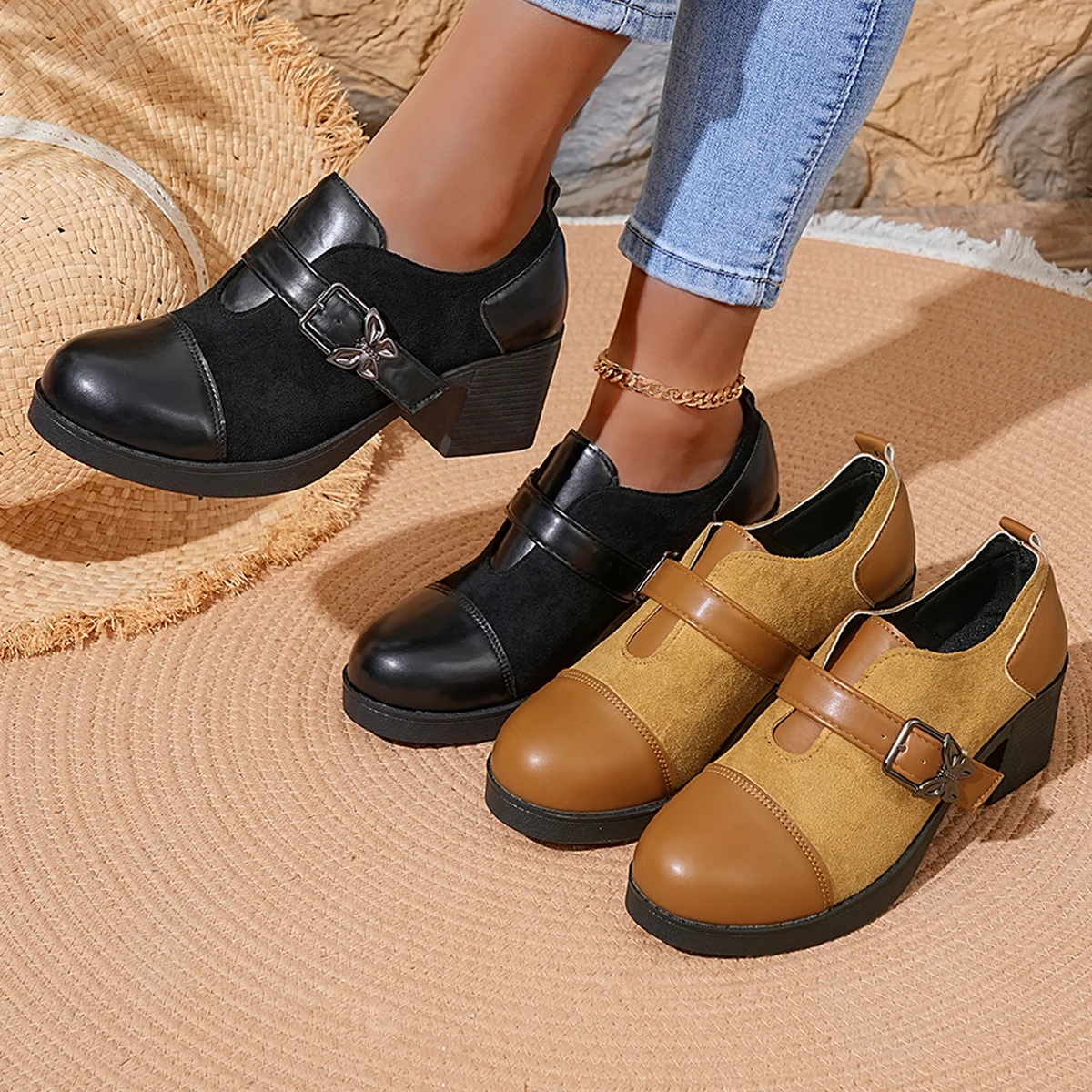 New Brown Spliced ​​loafers, Fashionable Buckle High Heels, Black Round Toe Over-the-foot Thick-soled Formal Shoes Zapatos Mujer