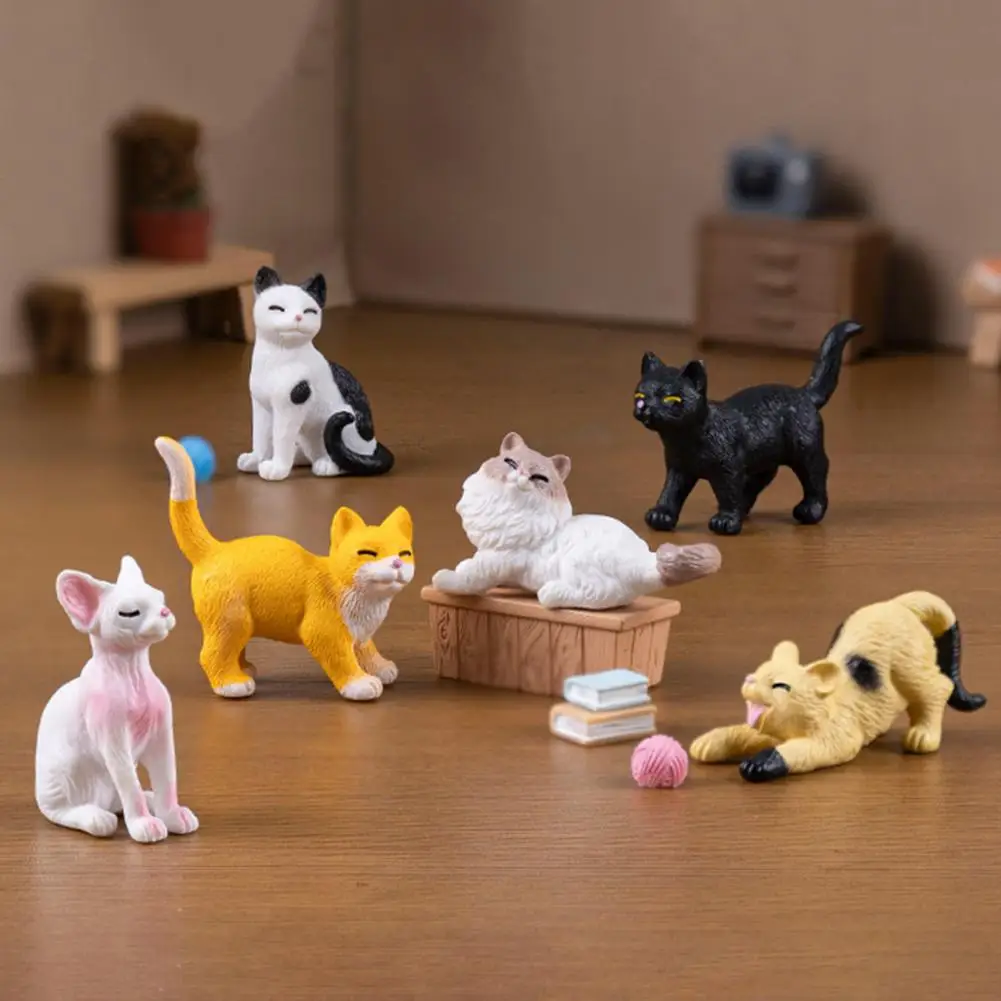 Mini estatuilla de gato, juego de Mini estatua de gato para aliviar el estrés, decoración de escritorio, colección de adornos de gatito de 6 piezas con para el hogar