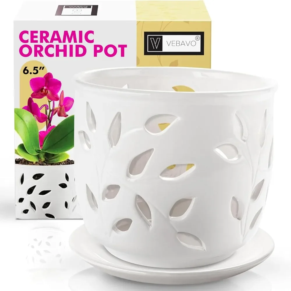 

Orchid Pot with Holes & Saucer Ceramic 6.5 in. Indoor or Outdoor Large Pot for Orchid Care