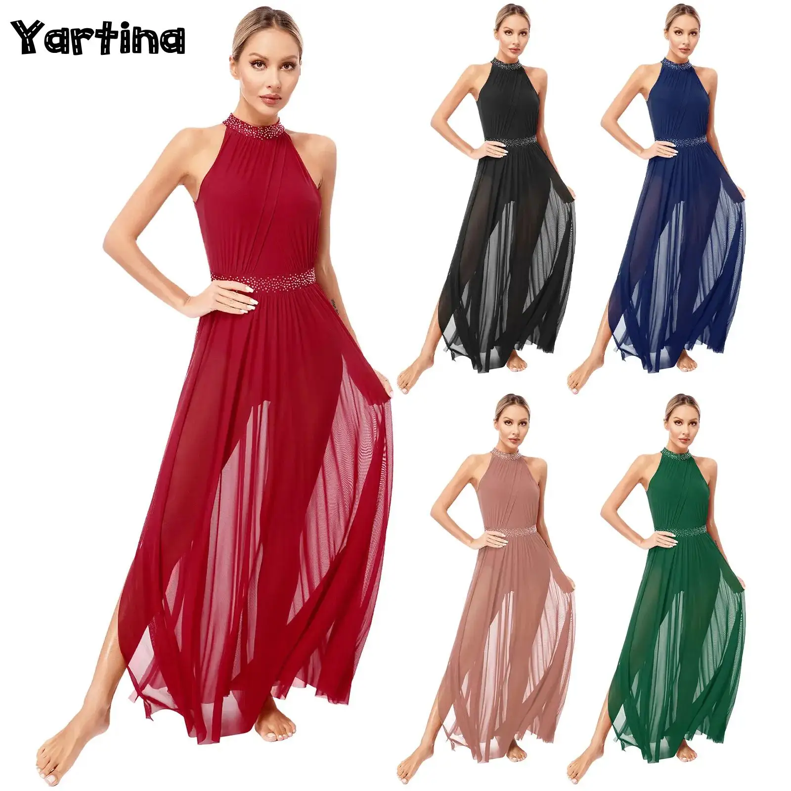 

Womens Shiny Rhinestone Ballet Leotard Dress Flowy Tulle Waltz Lyrical Dance Maxi Dress Gymnastics Artistic Figure Skating Dress