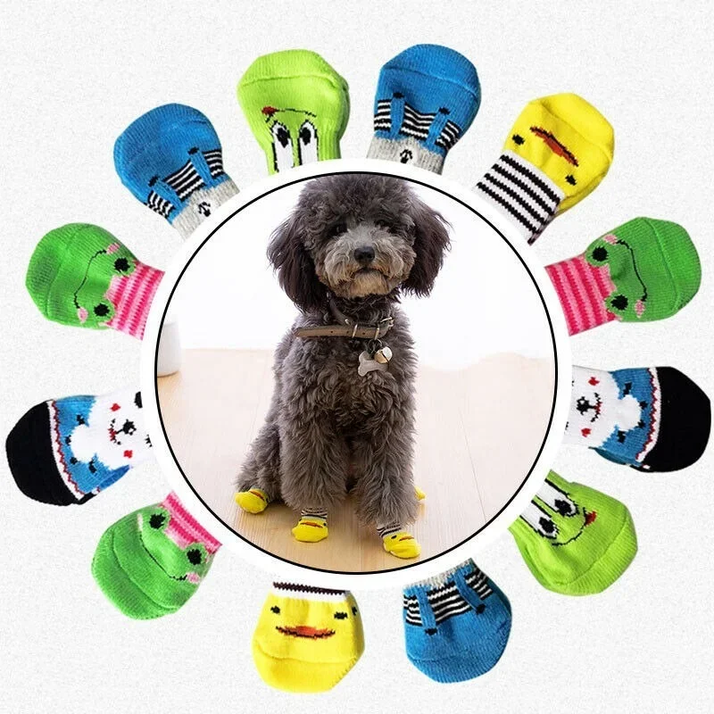 4Pcs Warm Puppy Dog Shoes Soft Pet Knit Socks Cartoon Non Slip Foot Cover Socks