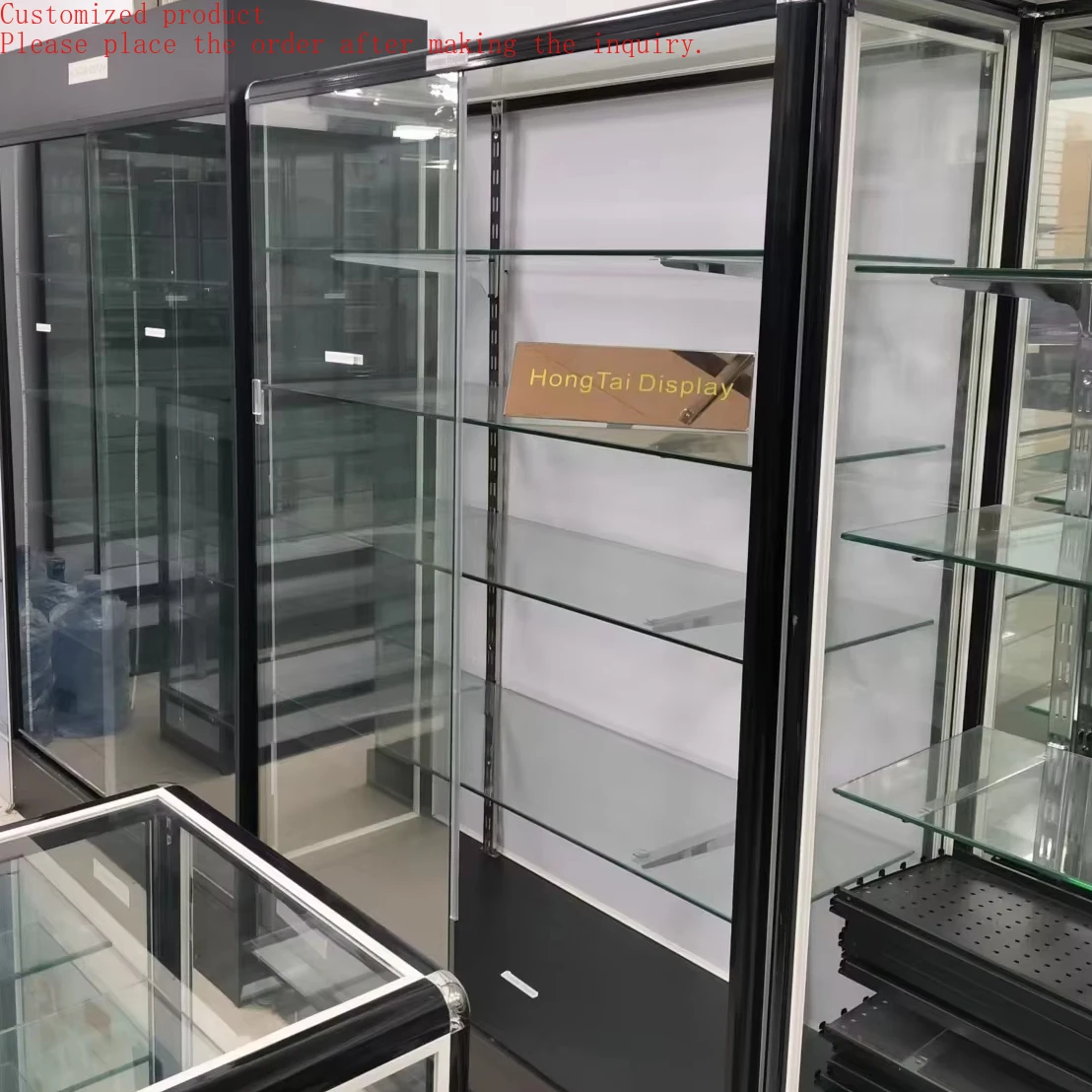 

Custom.Glass Sliding Door Round Aluminum Frame Adjusted Shelf Glass Retail Shop Display Store Fixture High Showcase Tall Cabine