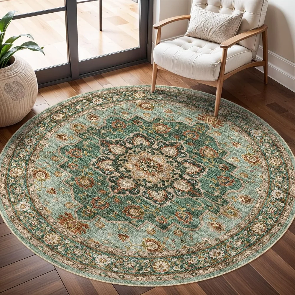 

Waterproof Floral Oriental Area Rug - 6 Feet Round Carpet for Living Room and Bedroom, Soft and Stain Resistant