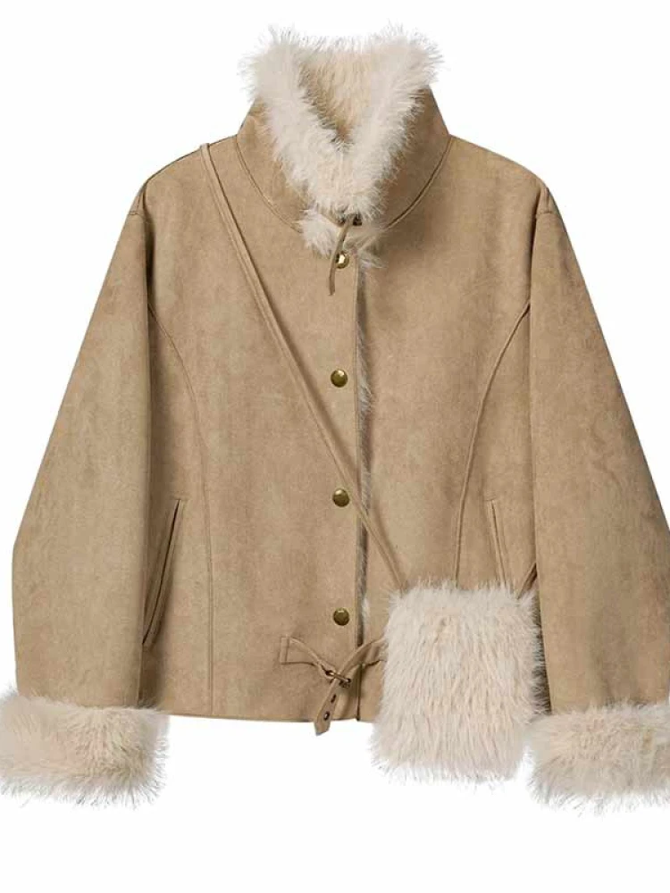 

Warm Suede Fur Coat Women's ort Cotton Jaet 2026 Winter Faion Cleanfit Waist-Cinching Sle Pure Color Pattern