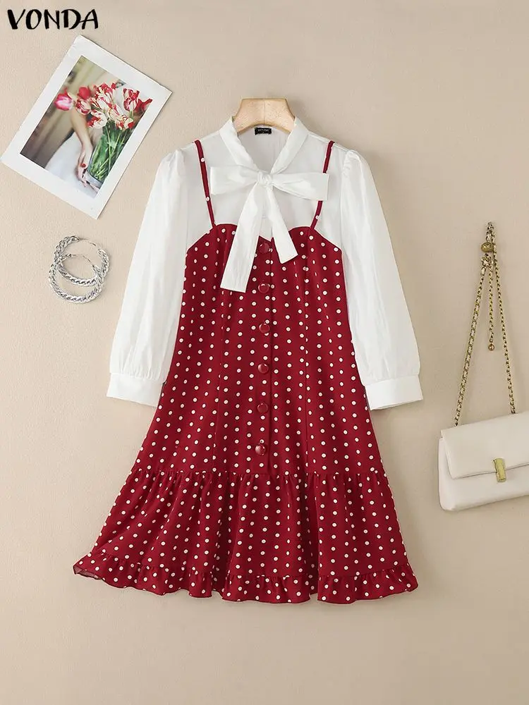 VONDA Moda Polka Dot Mini Coreano Patchwork Vestito 2025 Donne 3/4 Manica Colletto con fiocco Abiti corti Increspato Manica a sbuffo Vestito estivo
