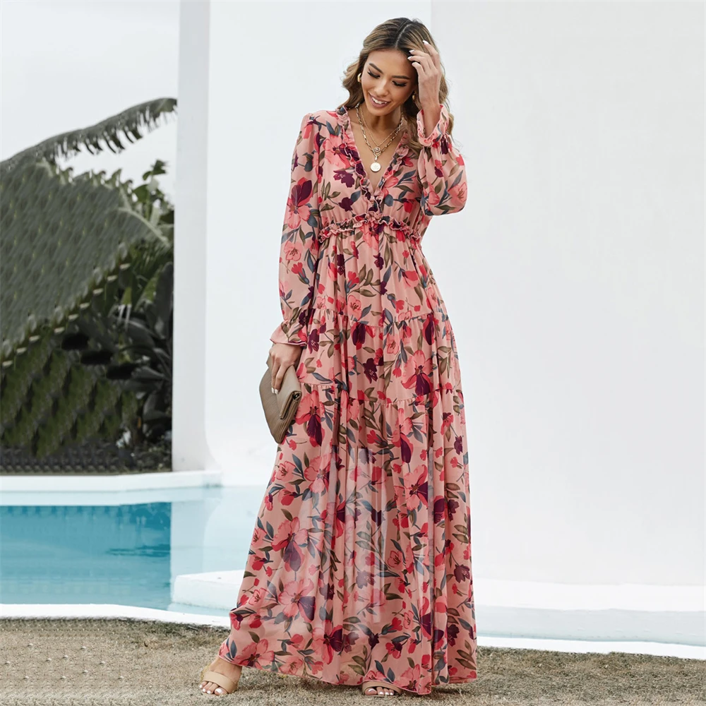 Fashionable V-neck Chiffon Floral Long-sleeved Dress For Women,Muslim Loose And Casual Chiffon Long Dress For Women