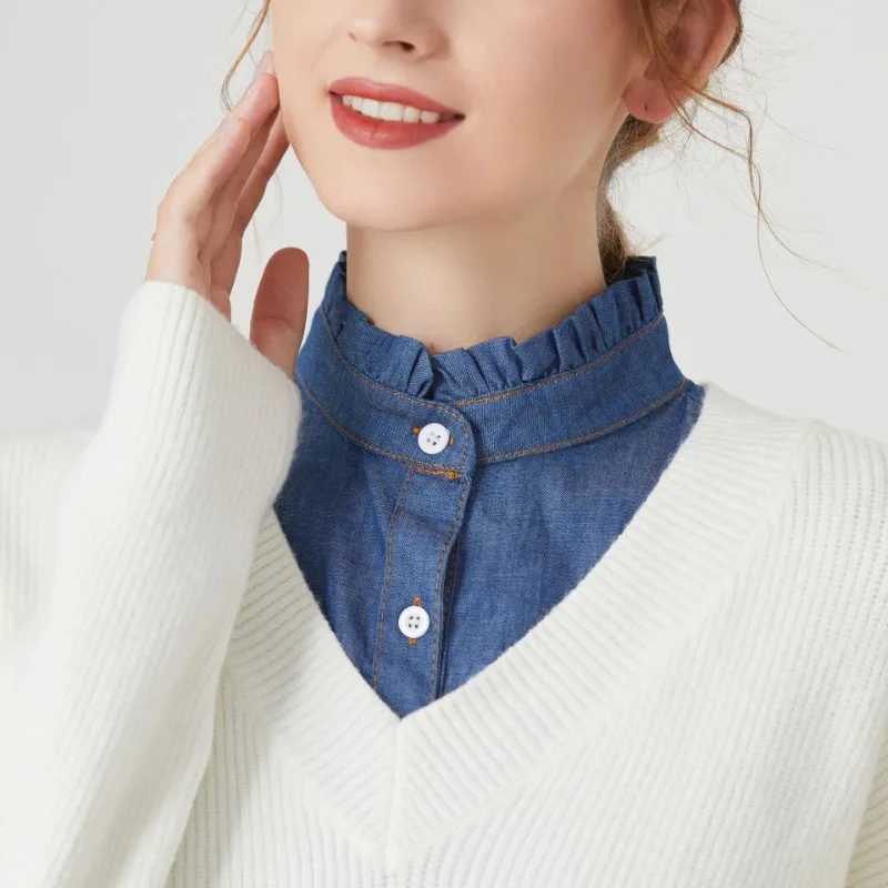 Nouveau Denim bleu faux col chemise femmes à volants faux colliers détachable revers demi-chemise cravate dames faux col de chemisier