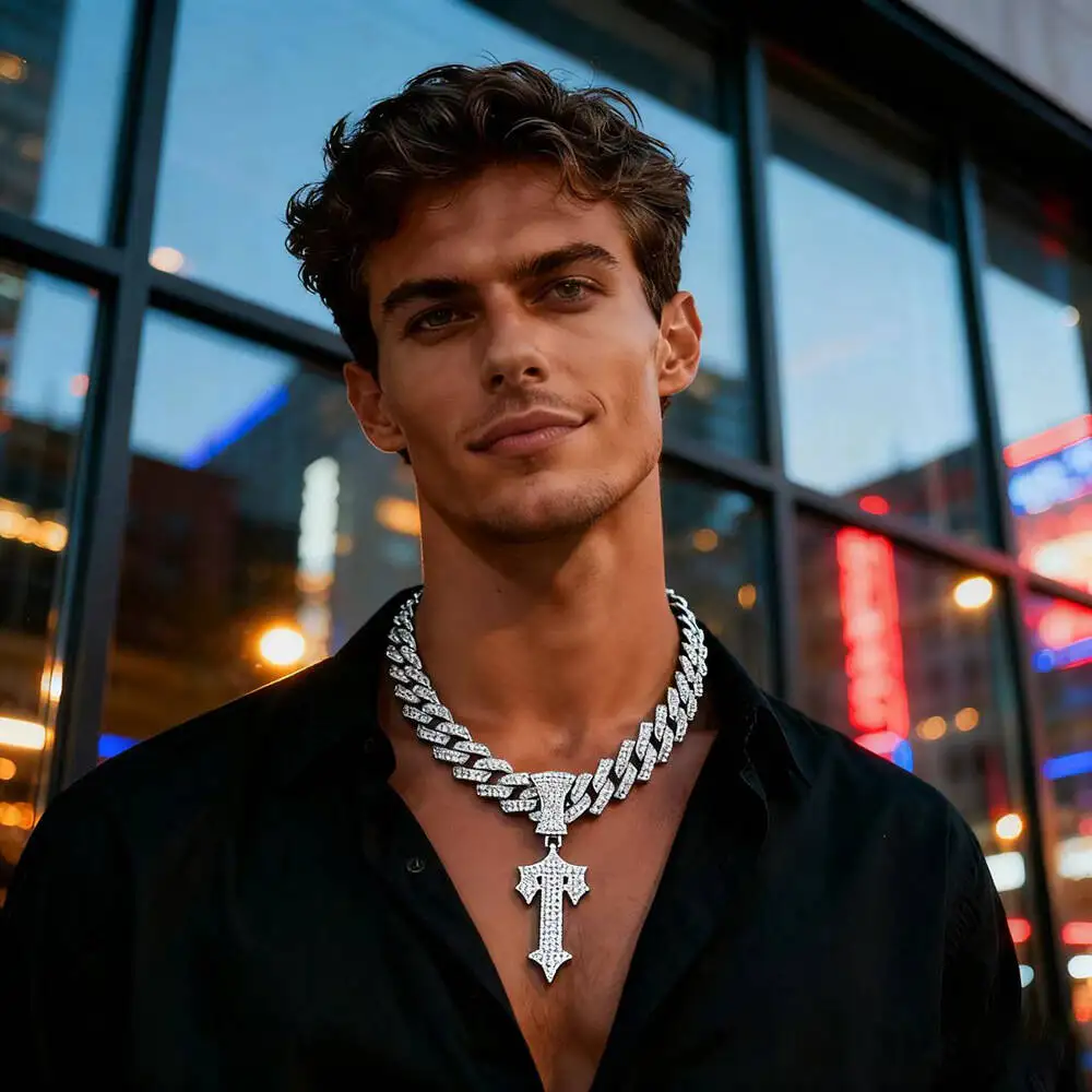 New Style Personality Big Full Diamond Cuban Necklace Hip Hop Niche Legendary Sword Armor Pendant