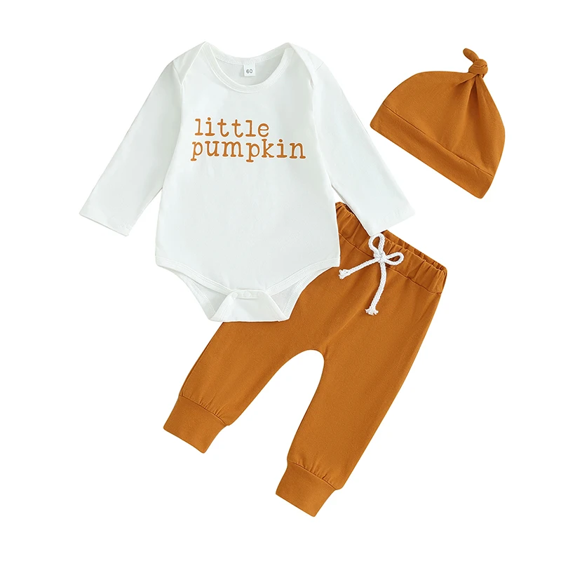 

Infant Baby Boy Halloween Jumpsuit Outfits Letter Print Long Sleeve Romper + Solid Color Pants+ Hat