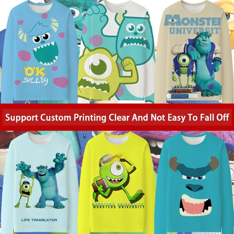 Monster University Big Eye Baby Blue Hair Monster Cartoon Print Long Sleeve Autumn Thin Male Couple Clothes Loose Base Shirt