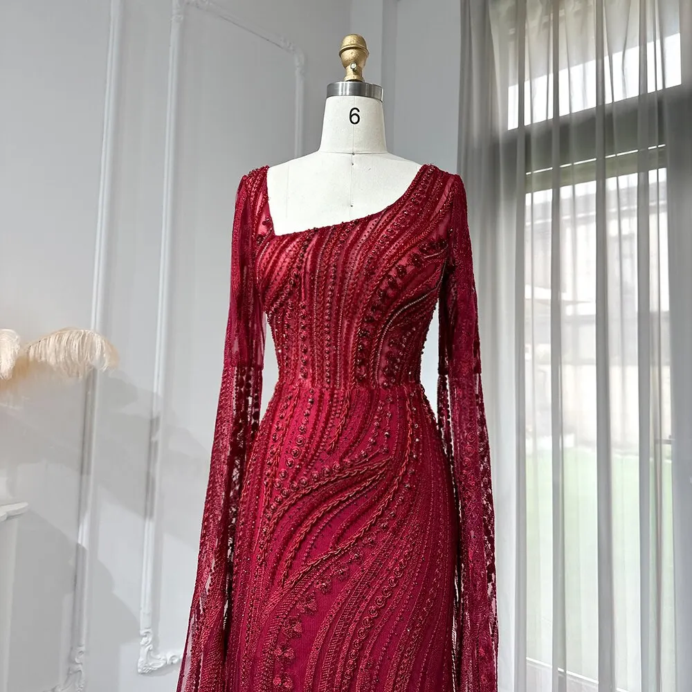 Elegant Burgundy Mermaid Evening Dresses with Long Sleeve Luxury Dubai Crystal Women Wedding Formal Party Gown LSZ146