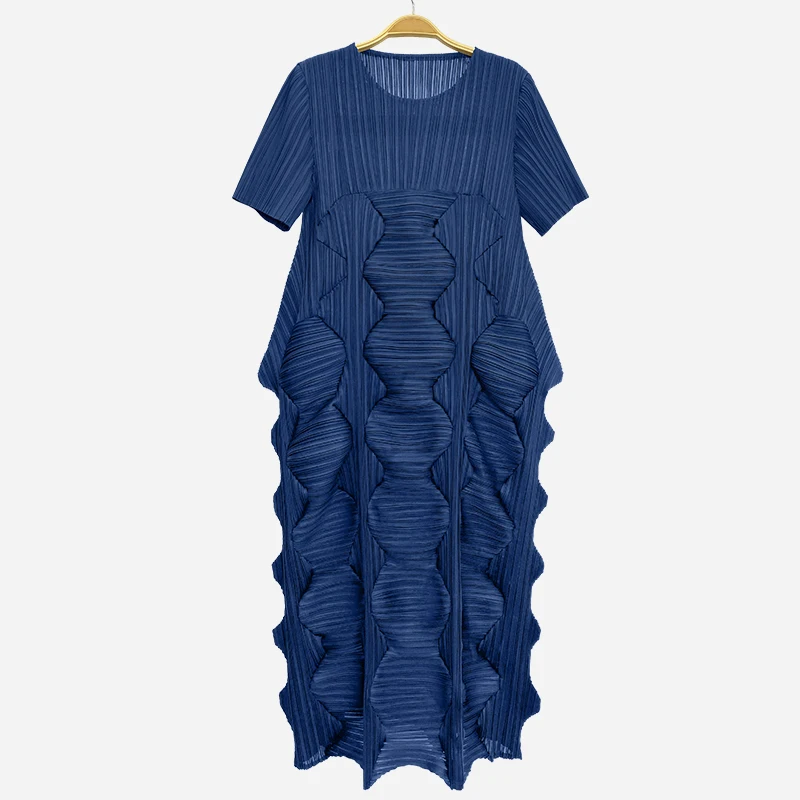 

Pleats New Plus Size Loose Casual Dresses Woman Plain Long Dresses With Irregular Pleated Short Sleeve Swing Dress
