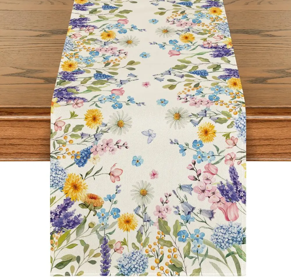 Spring Daisy Lavender Hydrangeas Linen Table Runner Wedding Party Decoration Summer Wildflowers Table Runners Dining Table Decor