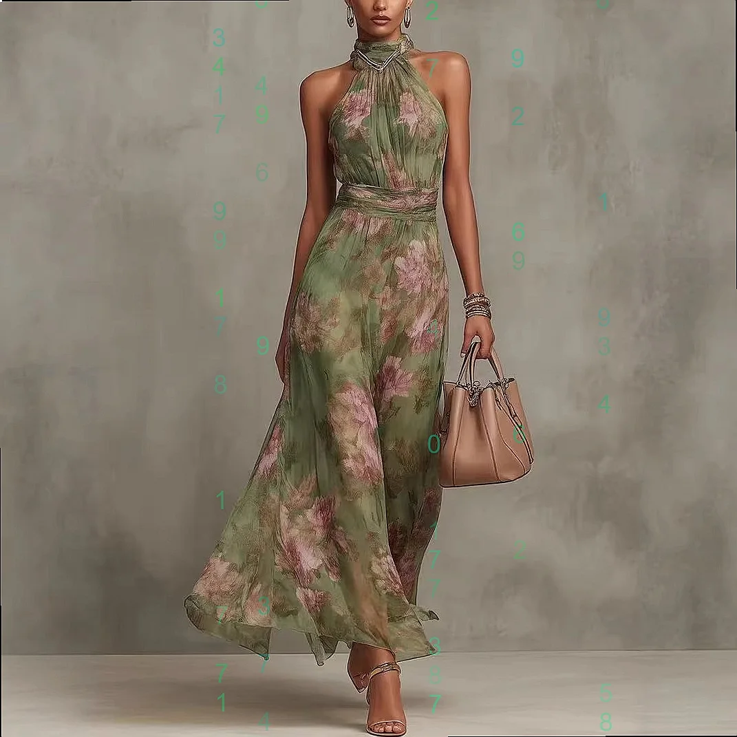 

Halter Printed Maxi Dress Spring Summer Beach Vacation Slimming Bodycon Dresses Jumpsuit Playsuit Matching Set
