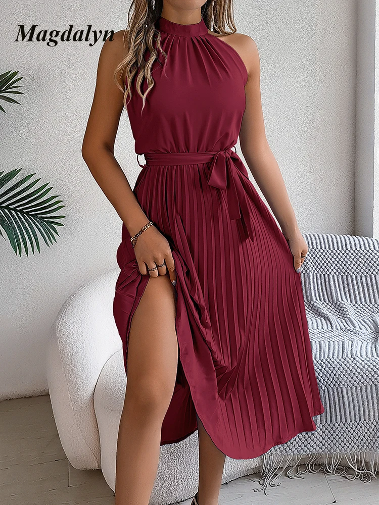 Magdalyn Fashion Summer Pleated Dresses Luxury Women's Elegant Dress Soild Lace Up Hight Waist Sleeveless Long One-piece Dresses