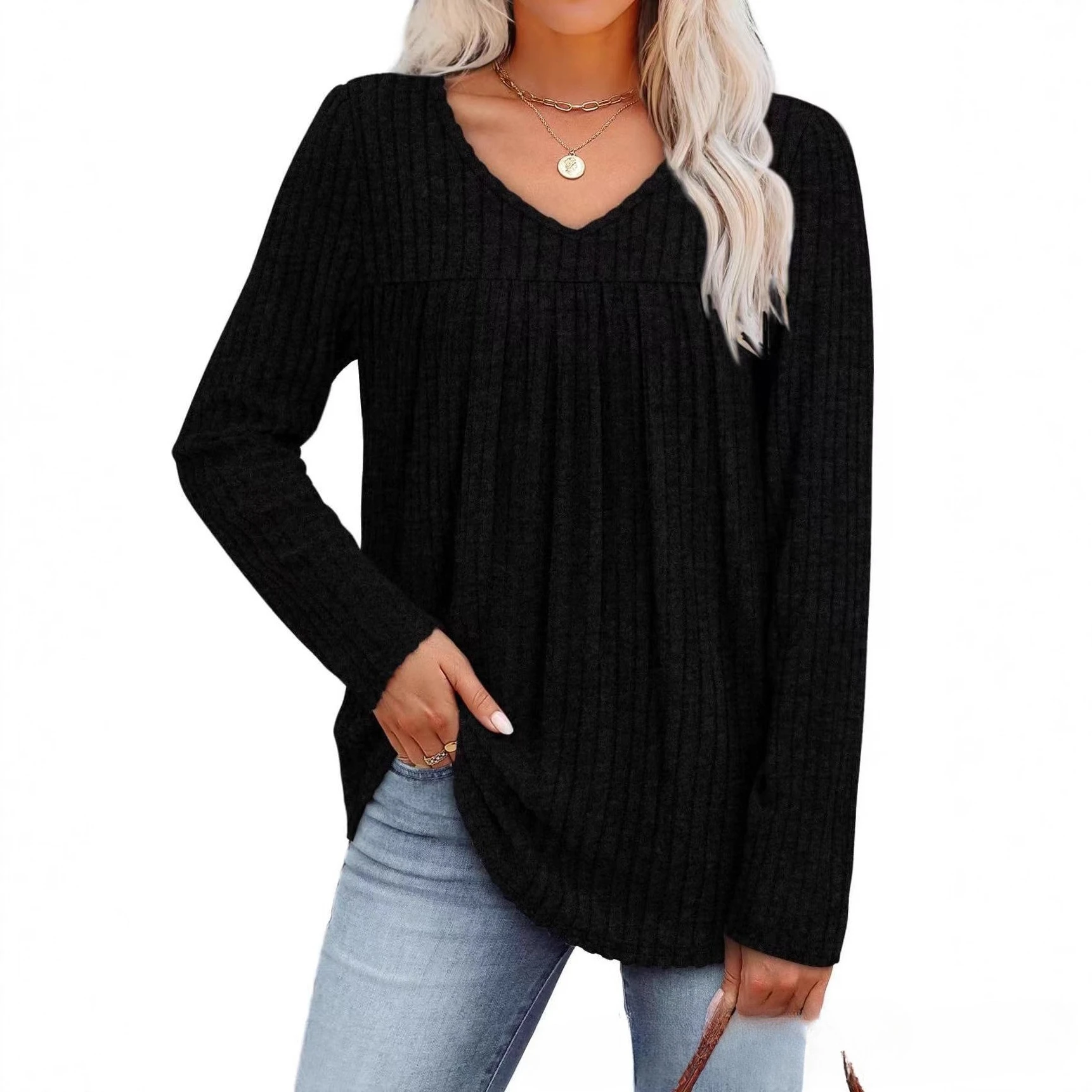 

Y2K autumn and winter new loose long-sleeved V-neck solid color knitted T-shirt women's casual fashion and comfortable top